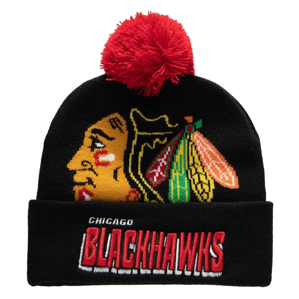 Mitchell & Ness NHL Chicago Blackhawks Punch Out Pom Beanie Hat Cap Black - OSFM